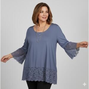 Slinky Brand Lace Trim Top Womens 1X Plus Size Lagenlook Girly Romantic Stretchy